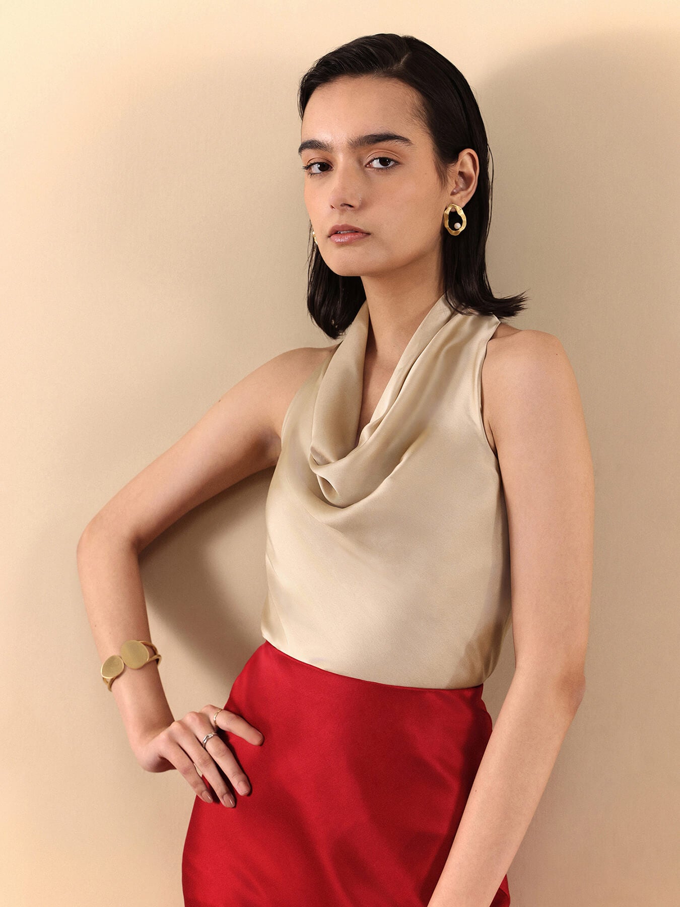 Satin Halter Neck Top - Beige