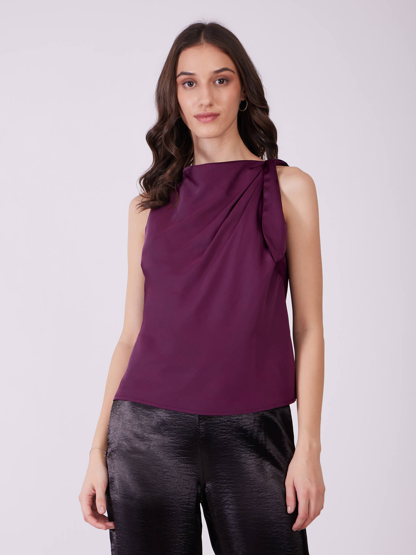 Satin Shoulder Bow Detail Top - Plum