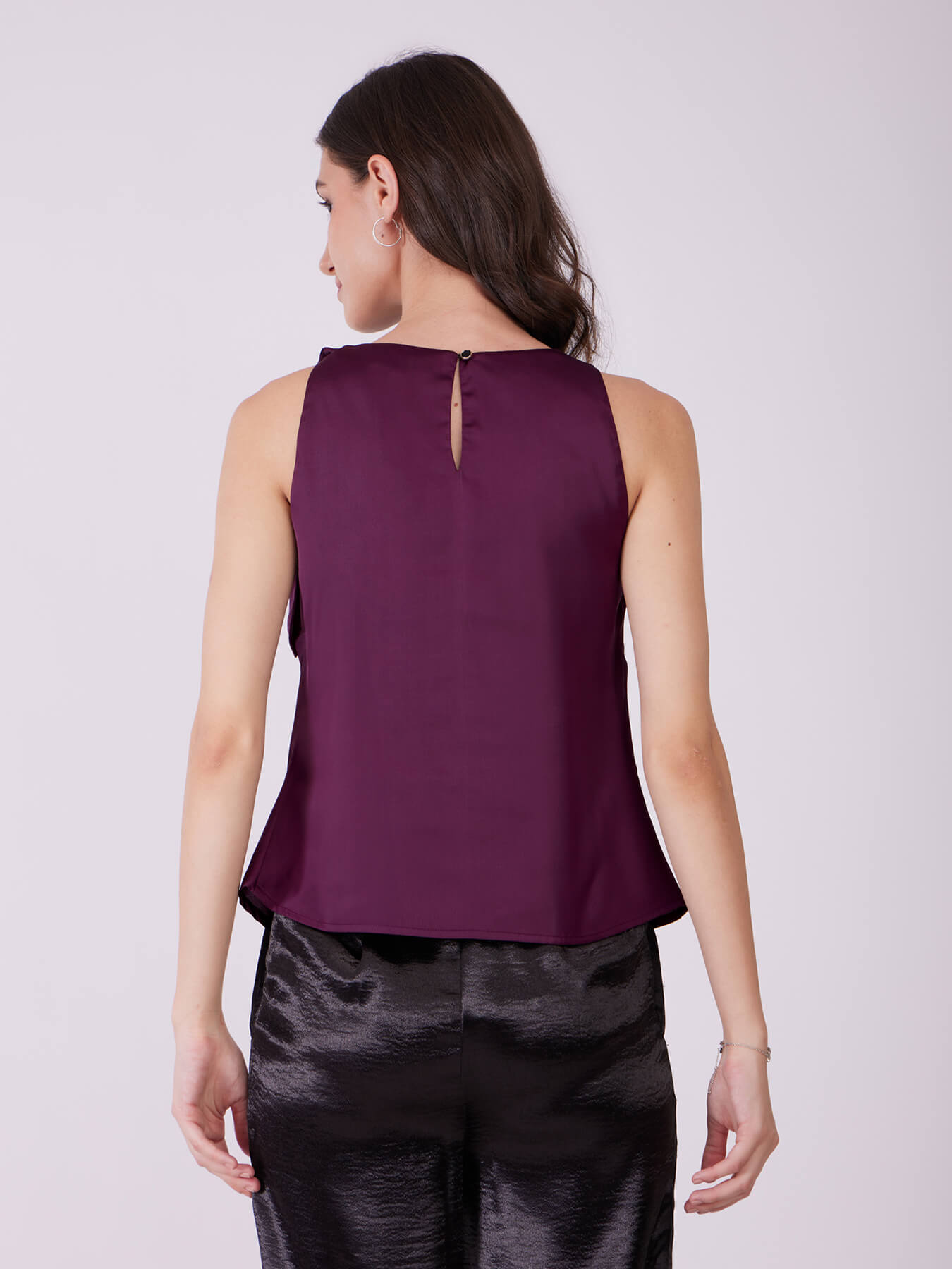 Satin Shoulder Bow Detail Top - Plum