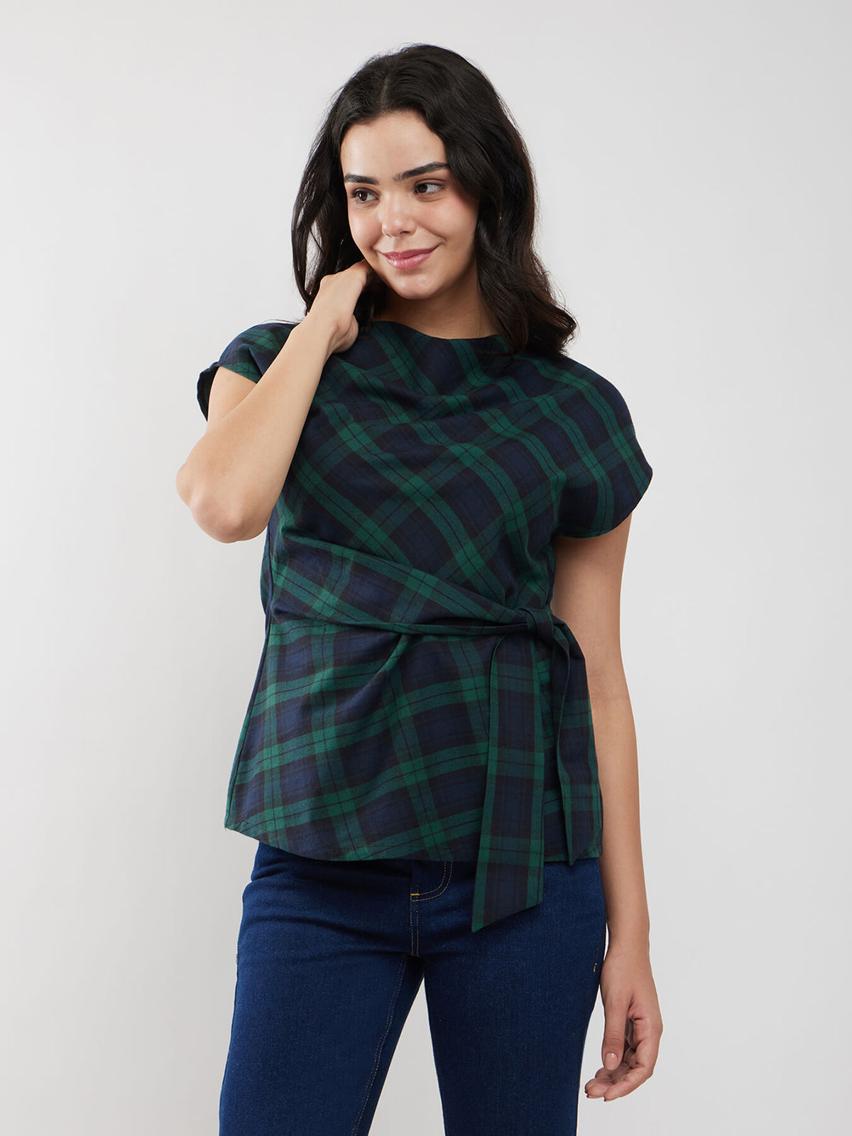 Cotton Checkered Tie-up Top - Green And Black