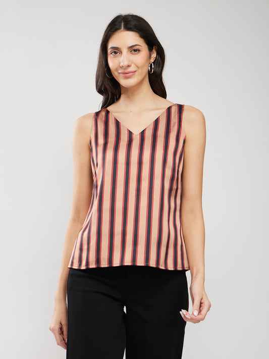 Satin Striped Top - Brown And Navy