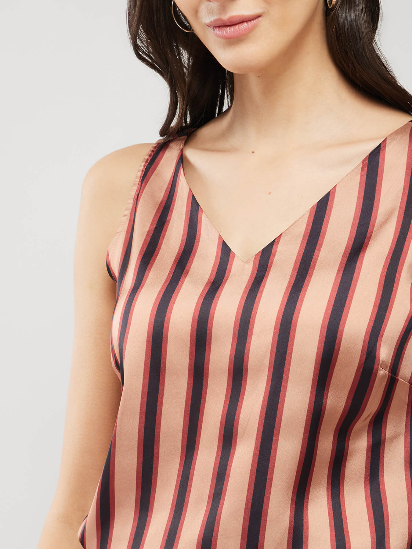 Satin Striped Top - Brown And Navy