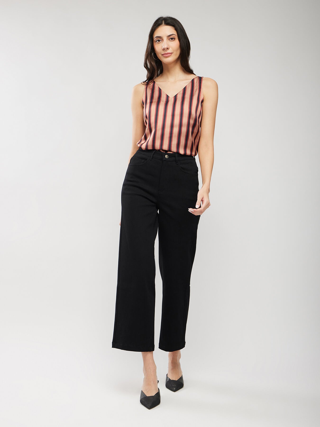 Satin Striped Top - Brown And Navy