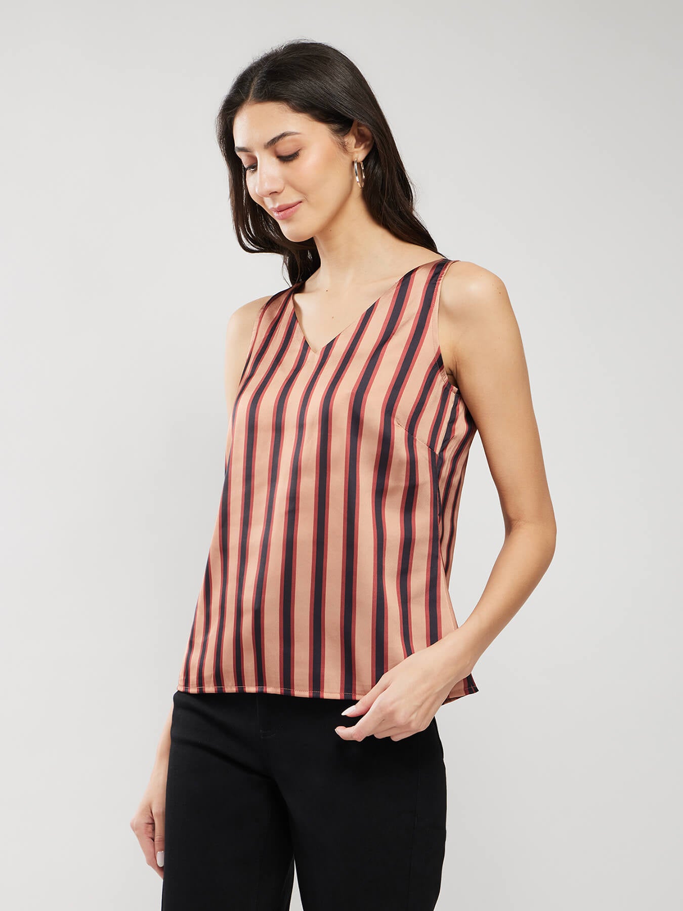 Satin Striped Top - Brown And Navy