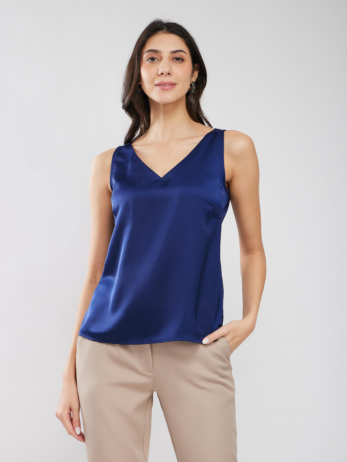 Satin Sleeveless Top - Navy Blue