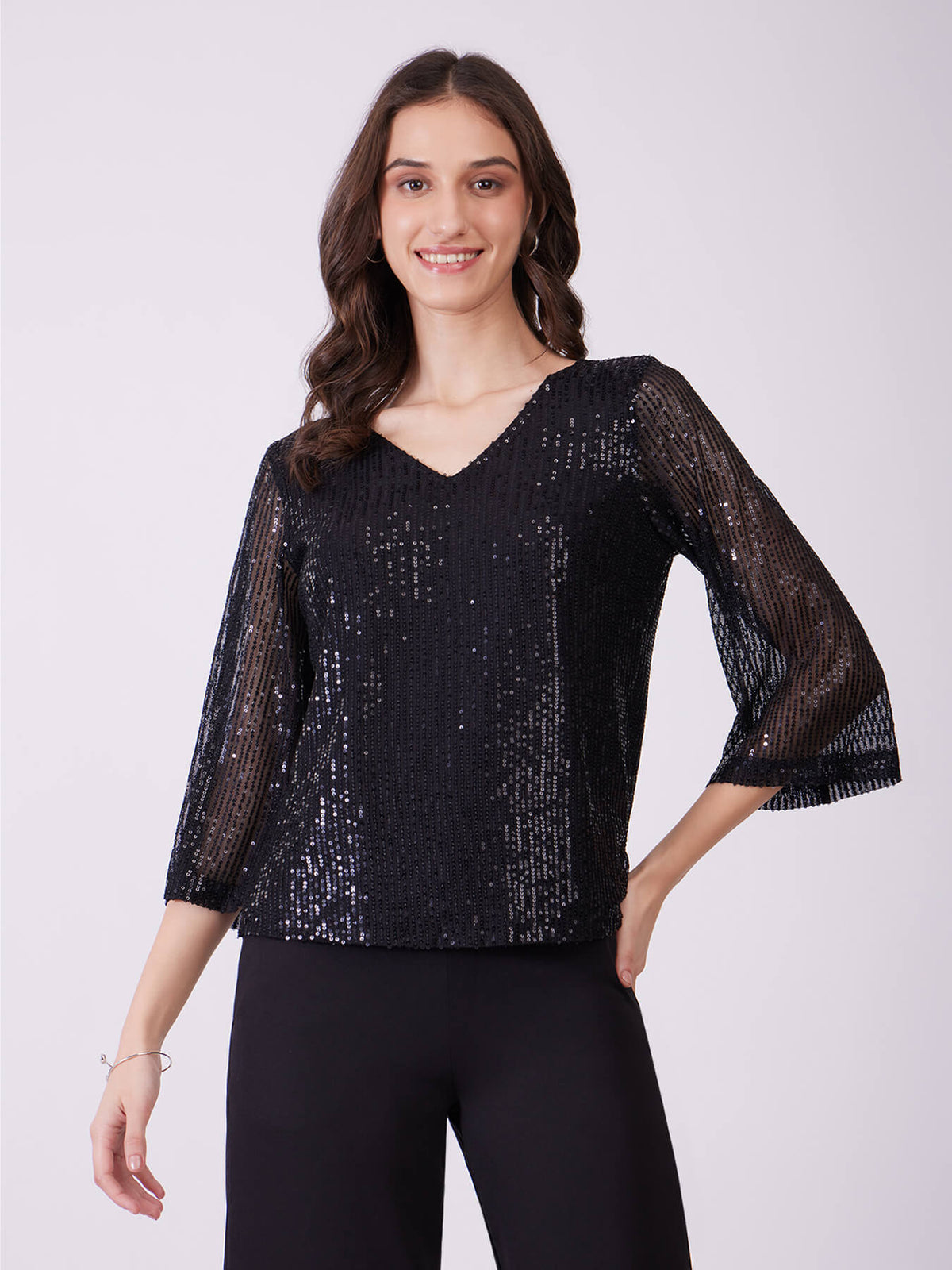 Sequin Bell Sleeves Top - Black