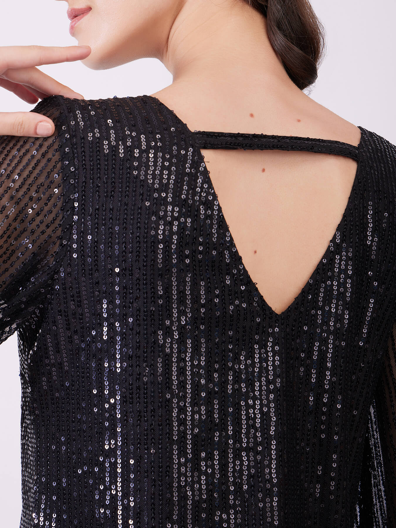 Sequin Bell Sleeves Top - Black