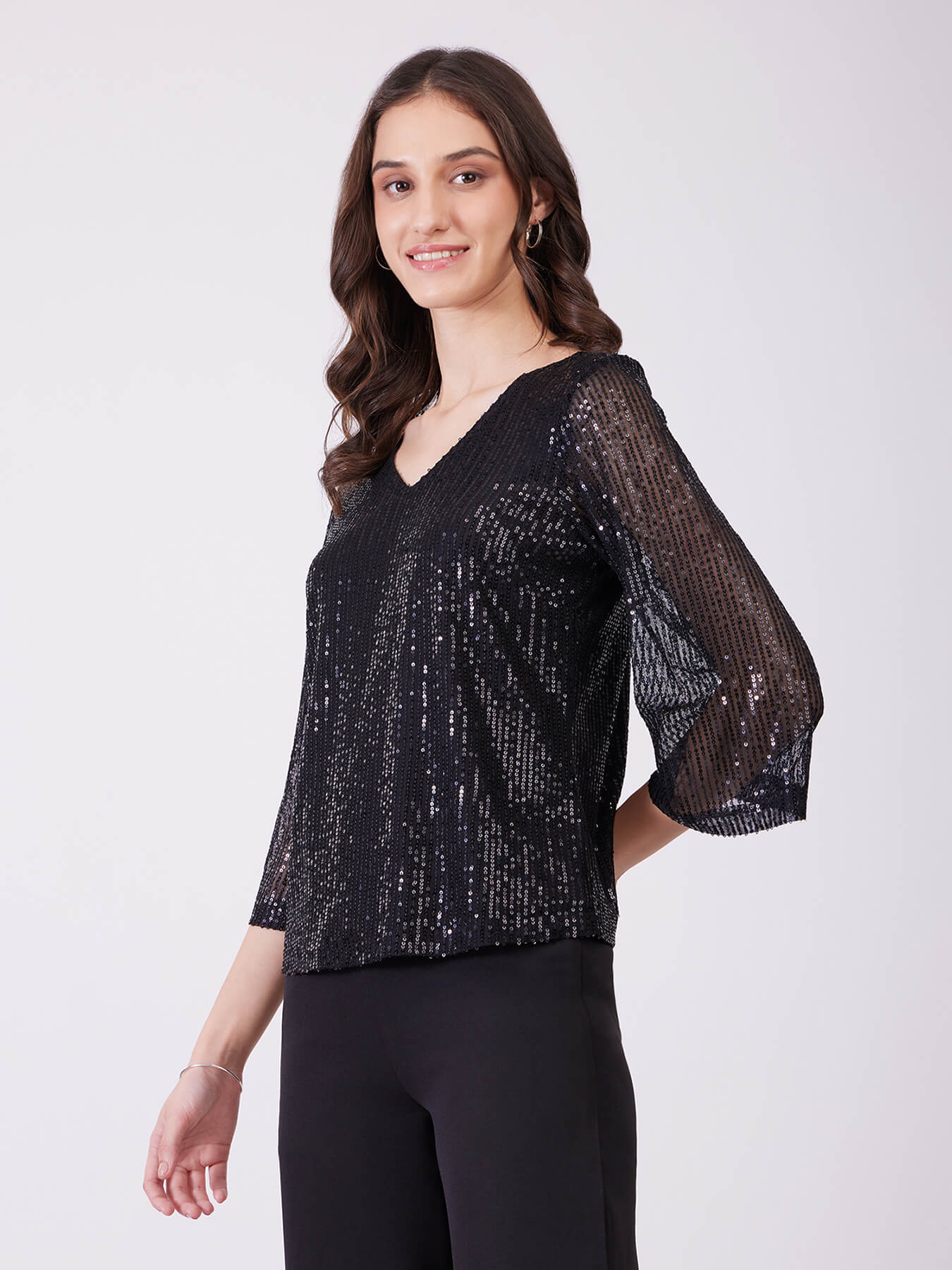 Sequin Bell Sleeves Top - Black