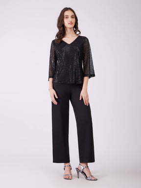 Sequin Bell Sleeves Top - Black