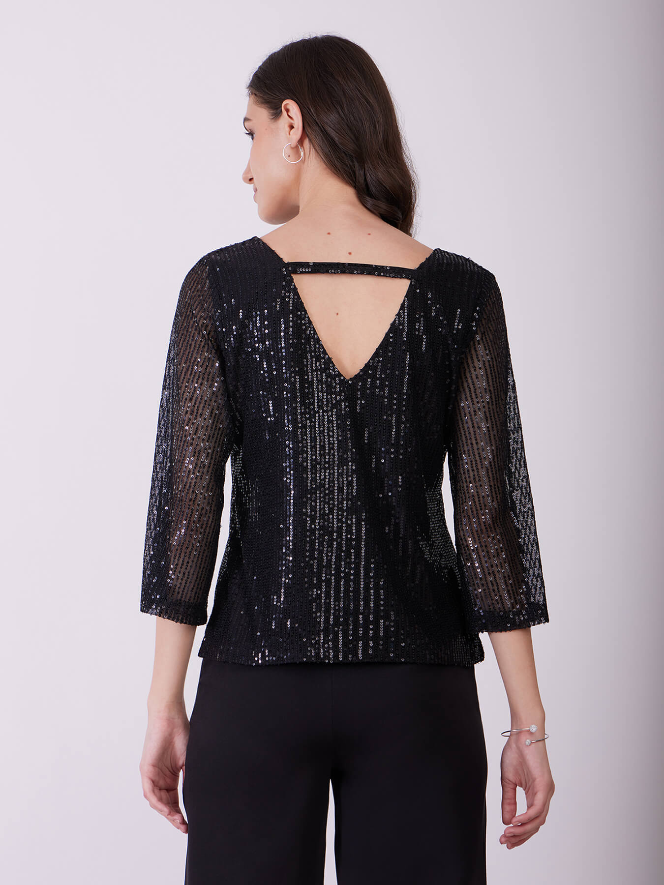 Sequin Bell Sleeves Top - Black