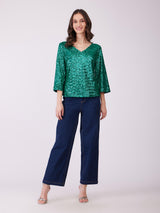 Sequin Bell Sleeves Top - Green