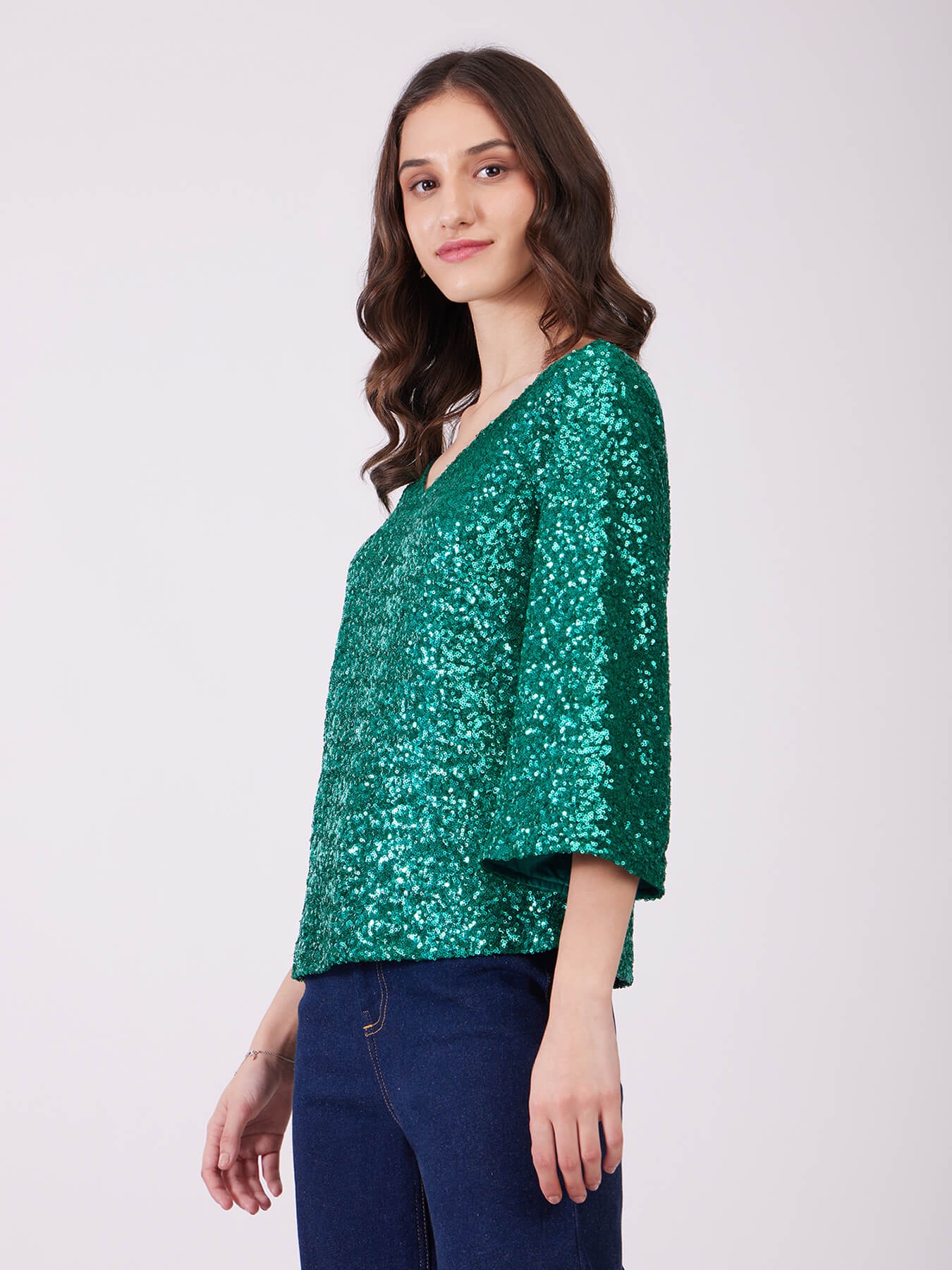 Sequin Bell Sleeves Top - Green