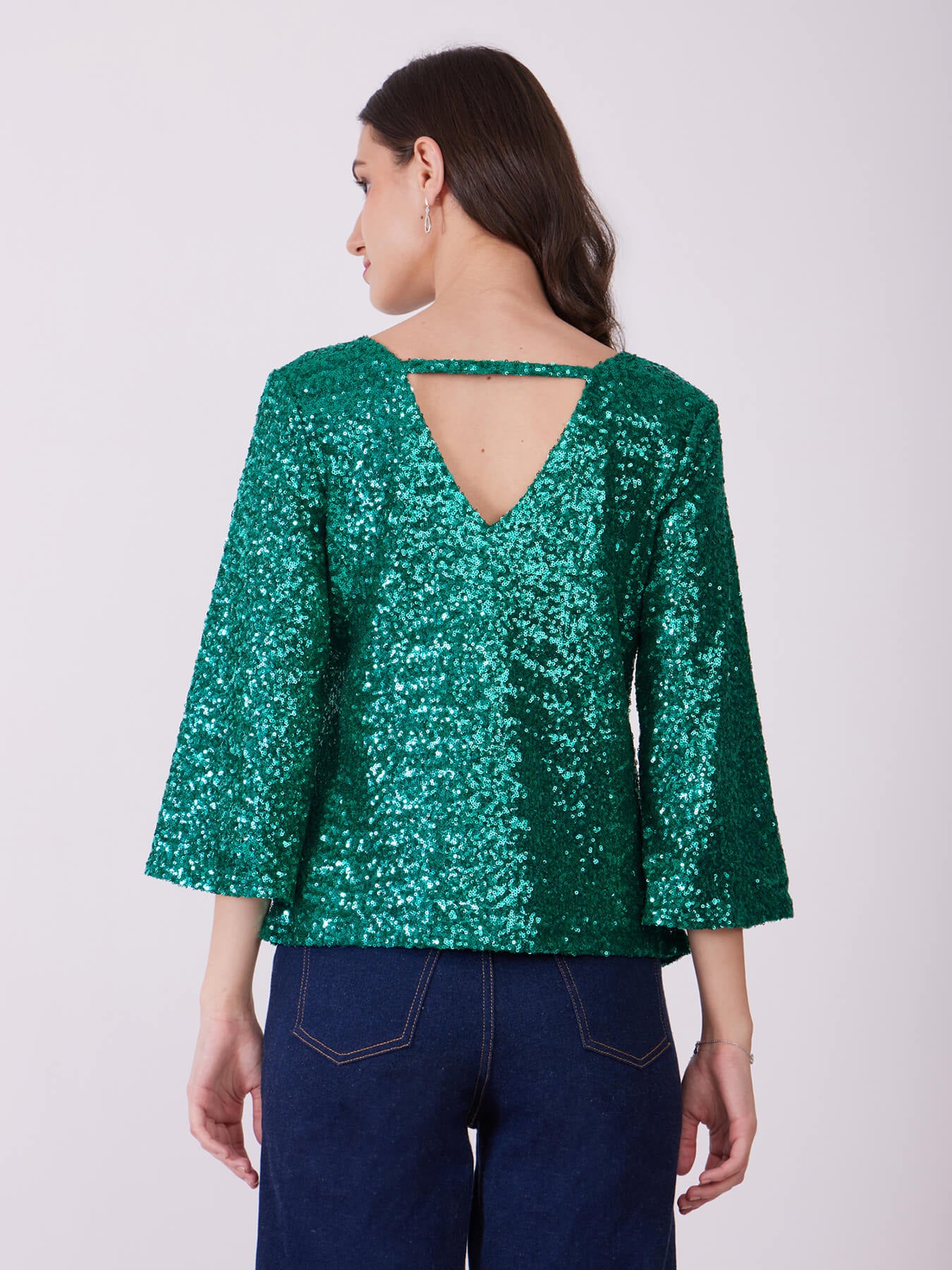 Sequin Bell Sleeves Top - Green