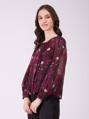 Chiffon Floral Printed Top - Plum