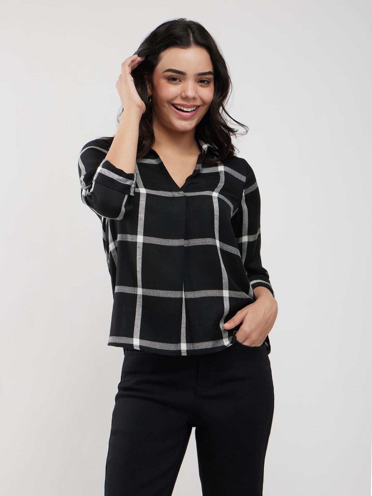 Checkered V-Neck Top - Black And White