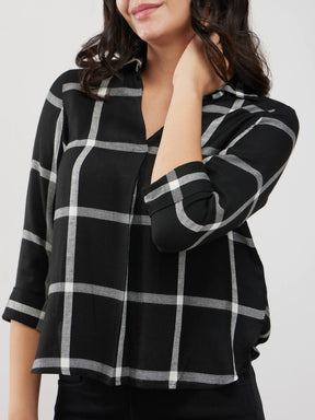 Checkered V-Neck Top - Black And White