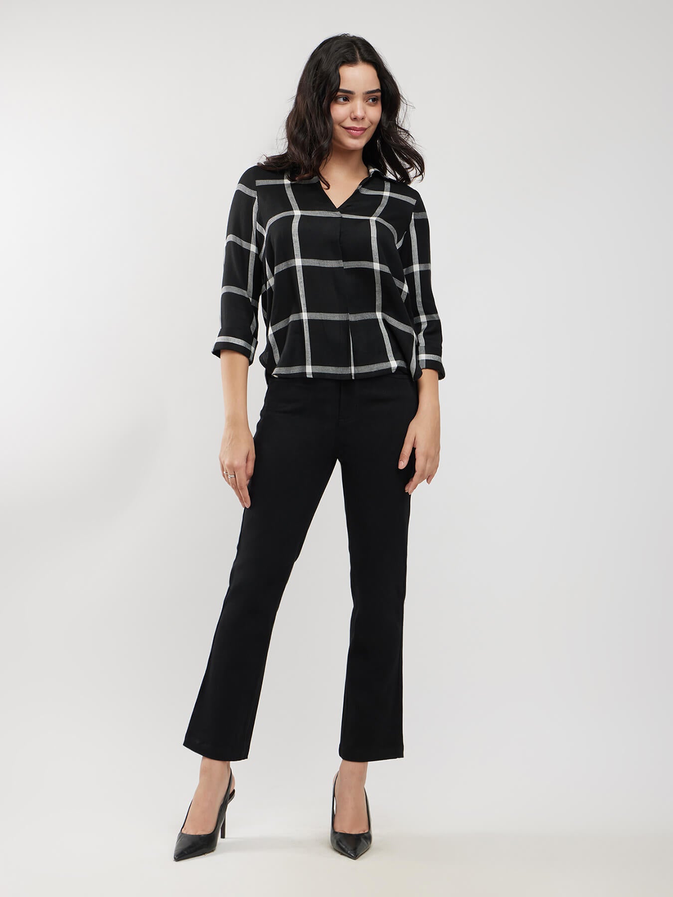 Checkered V-Neck Top - Black And White