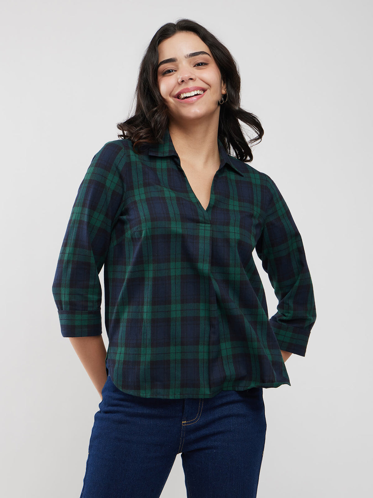 Cotton Checkered Top - Green And Black