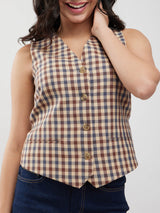 Cotton Checkered Waistcoat - Brown