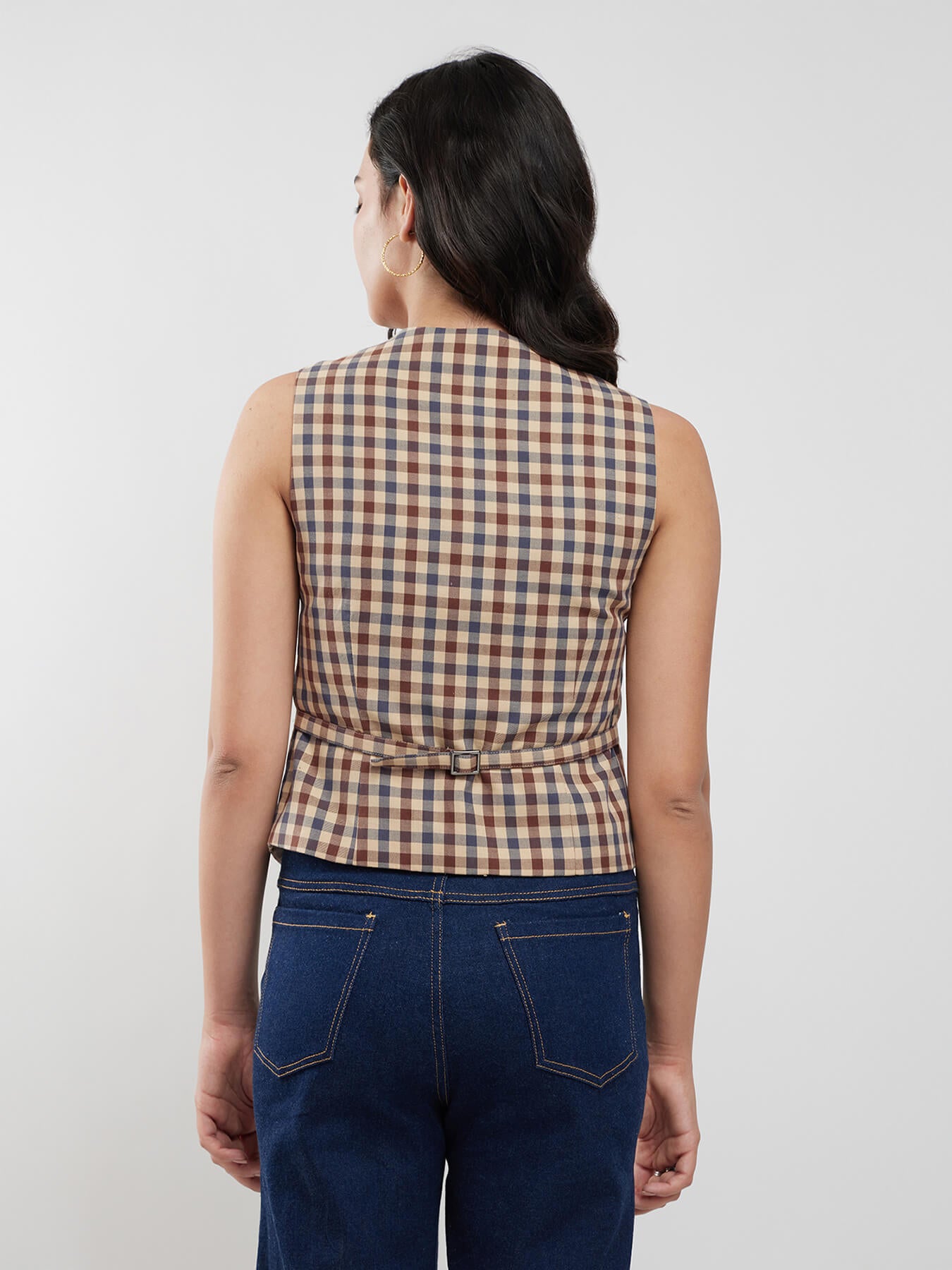 Cotton Checkered Waistcoat - Brown