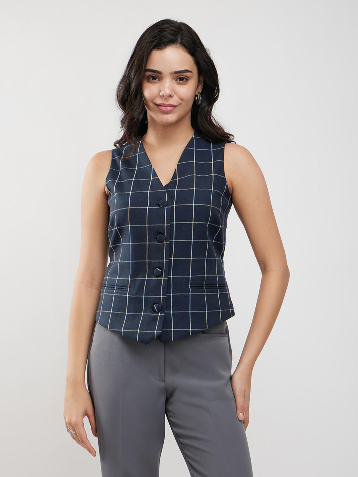 Cotton Checkered Waistcoat - Navy Blue