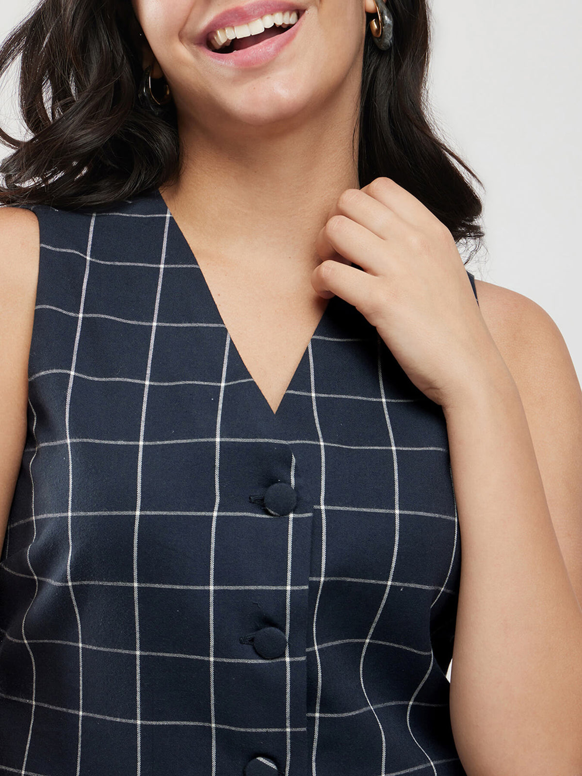 Cotton Checkered Waistcoat - Navy Blue