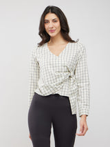 Cotton Checkered Wrap Top - Off White And Black