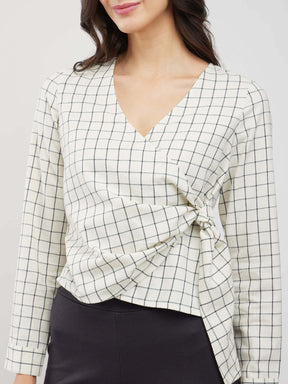 Cotton Checkered Wrap Top - Off White And Black