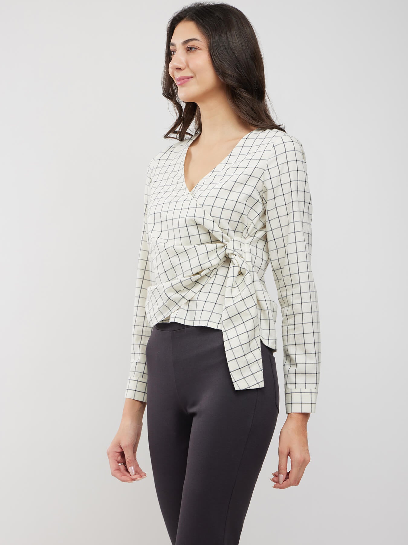 Cotton Checkered Wrap Top - Off White And Black