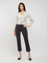 Cotton Checkered Wrap Top - Off White And Black