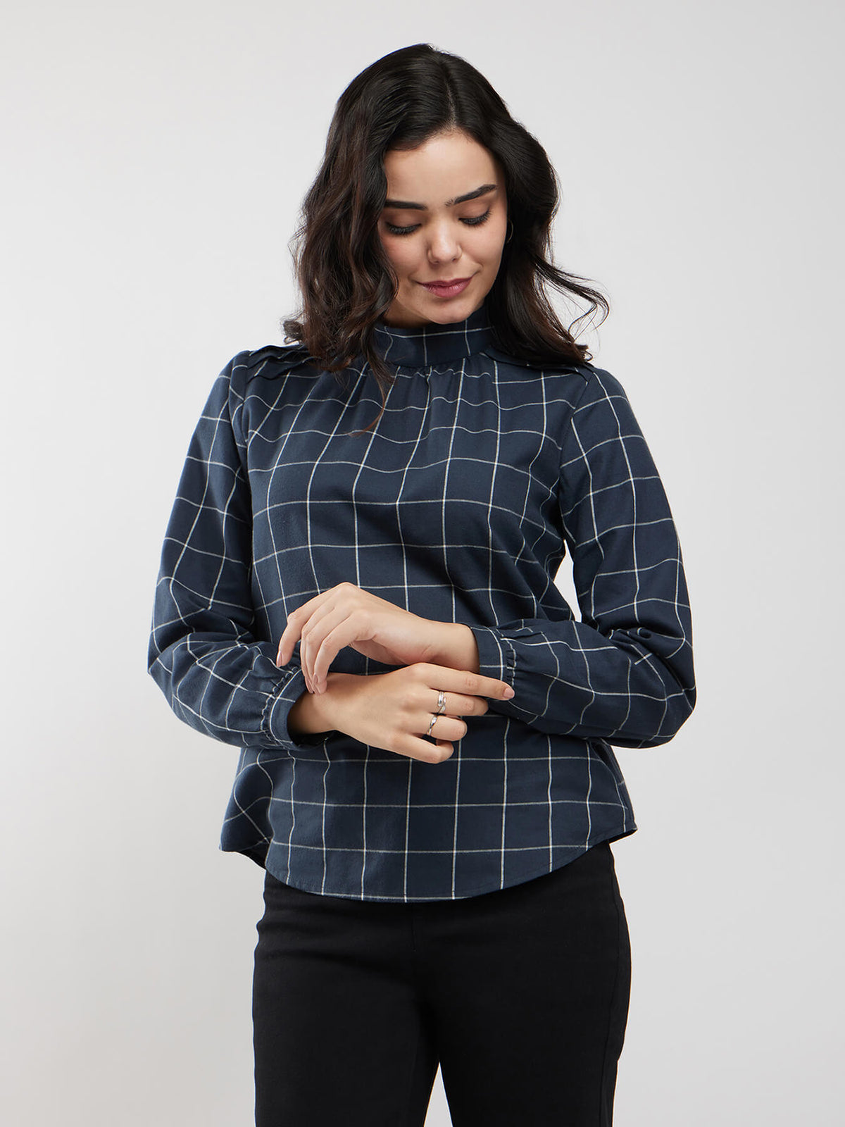 Cotton Checkered Top - Navy Blue And White