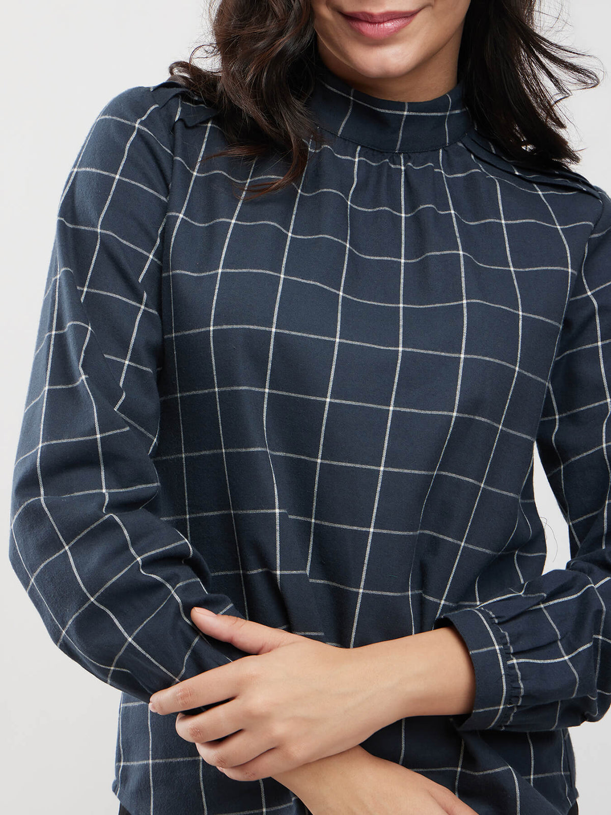 Cotton Checkered Top - Navy Blue And White