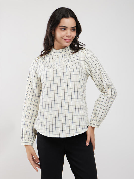 Cotton Checkered Top - Off White And Black