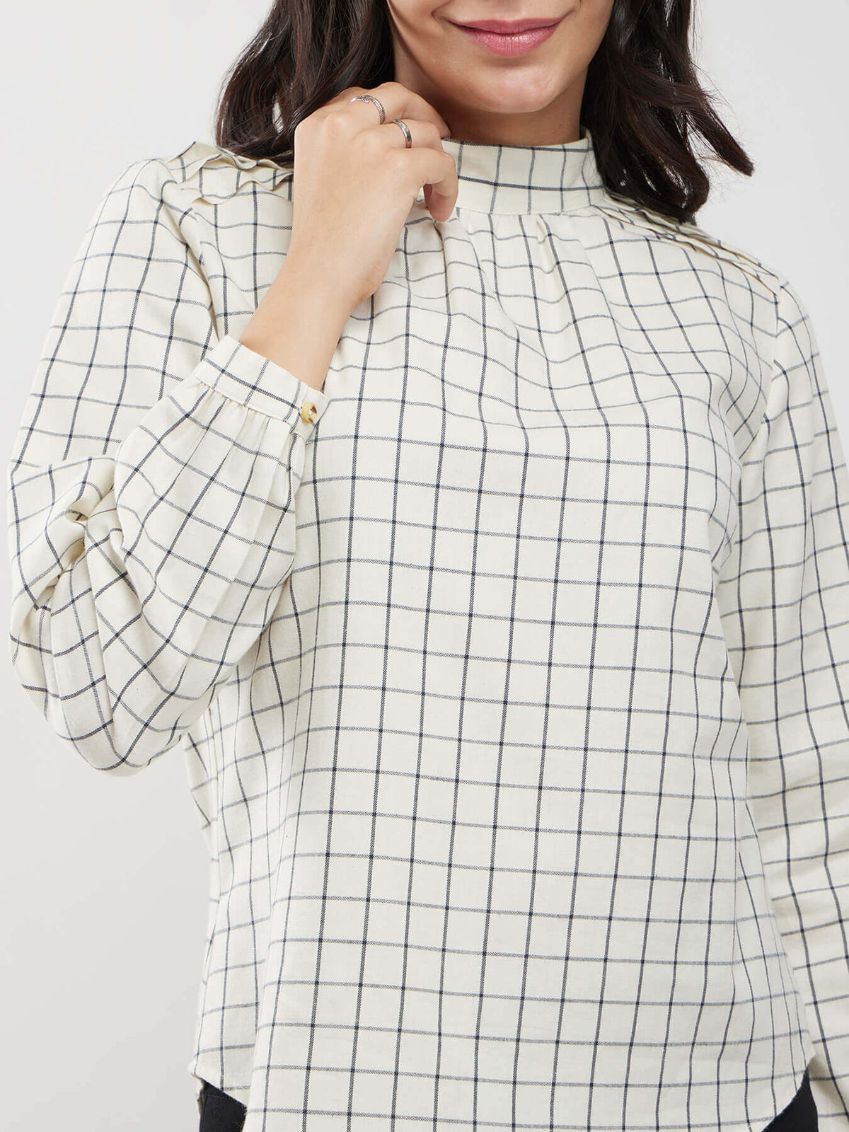 Cotton Checkered Top - Off White And Black