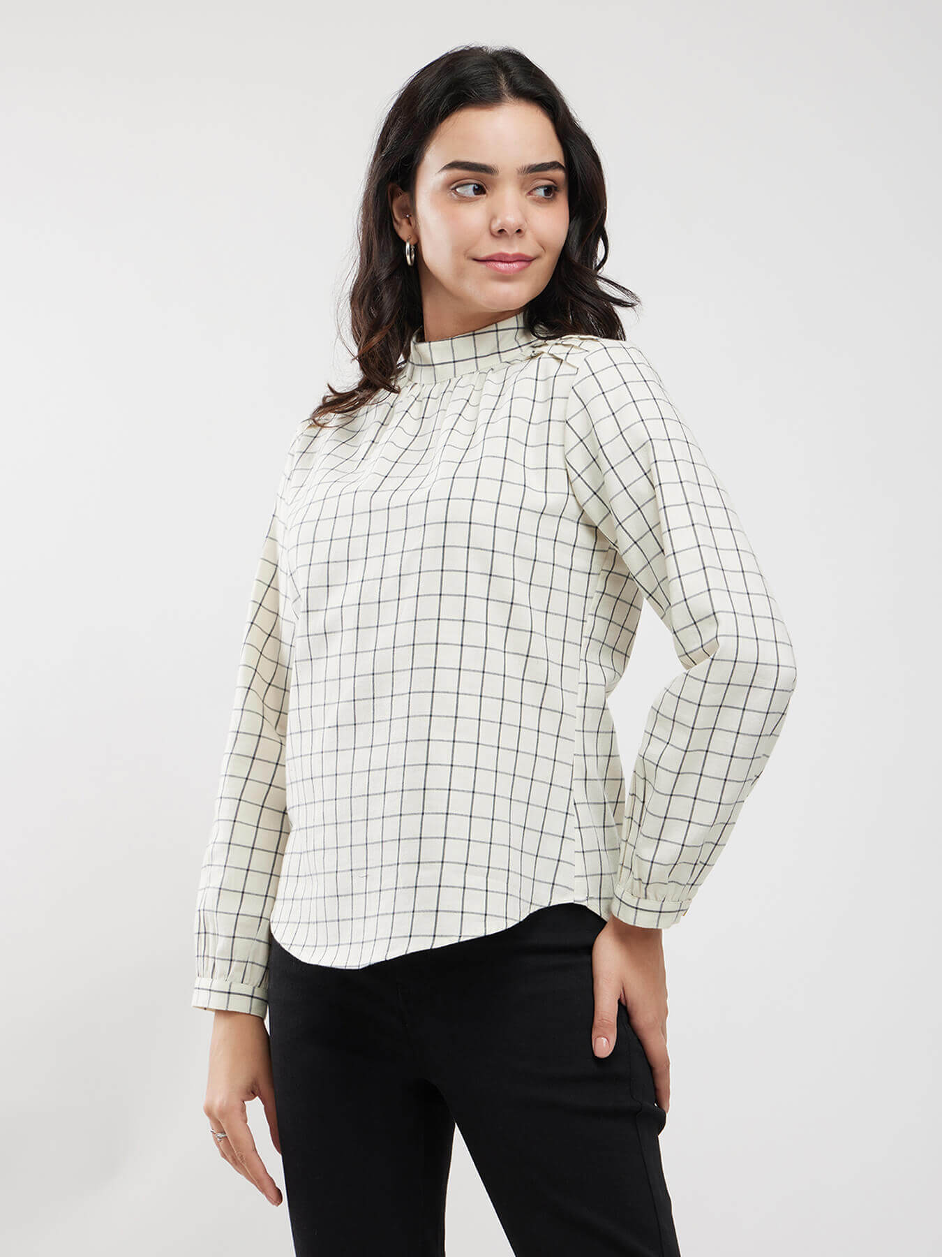 Cotton Checkered Top - Off White And Black