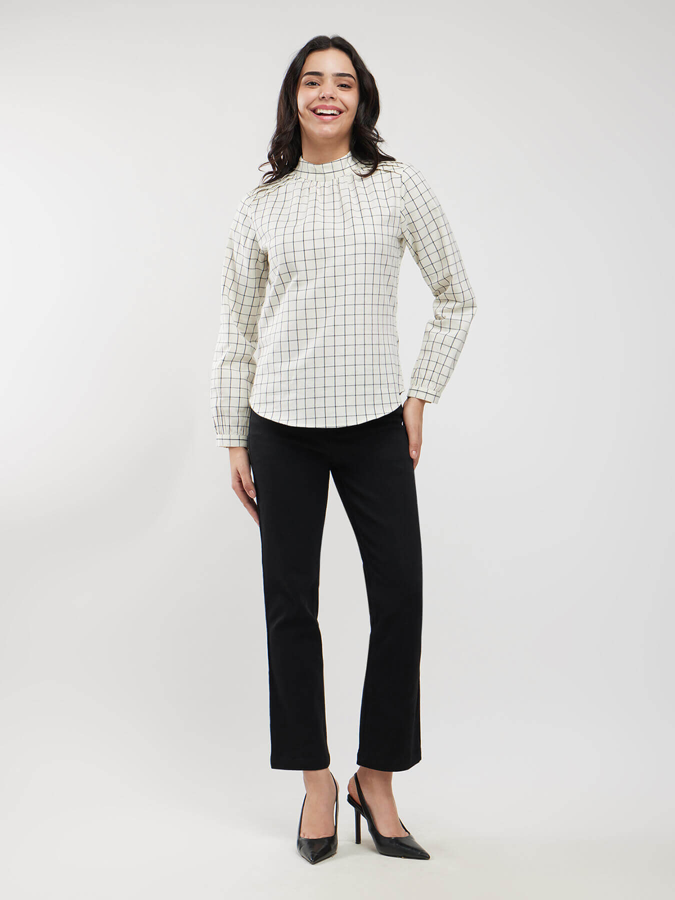 Cotton Checkered Top - Off White And Black