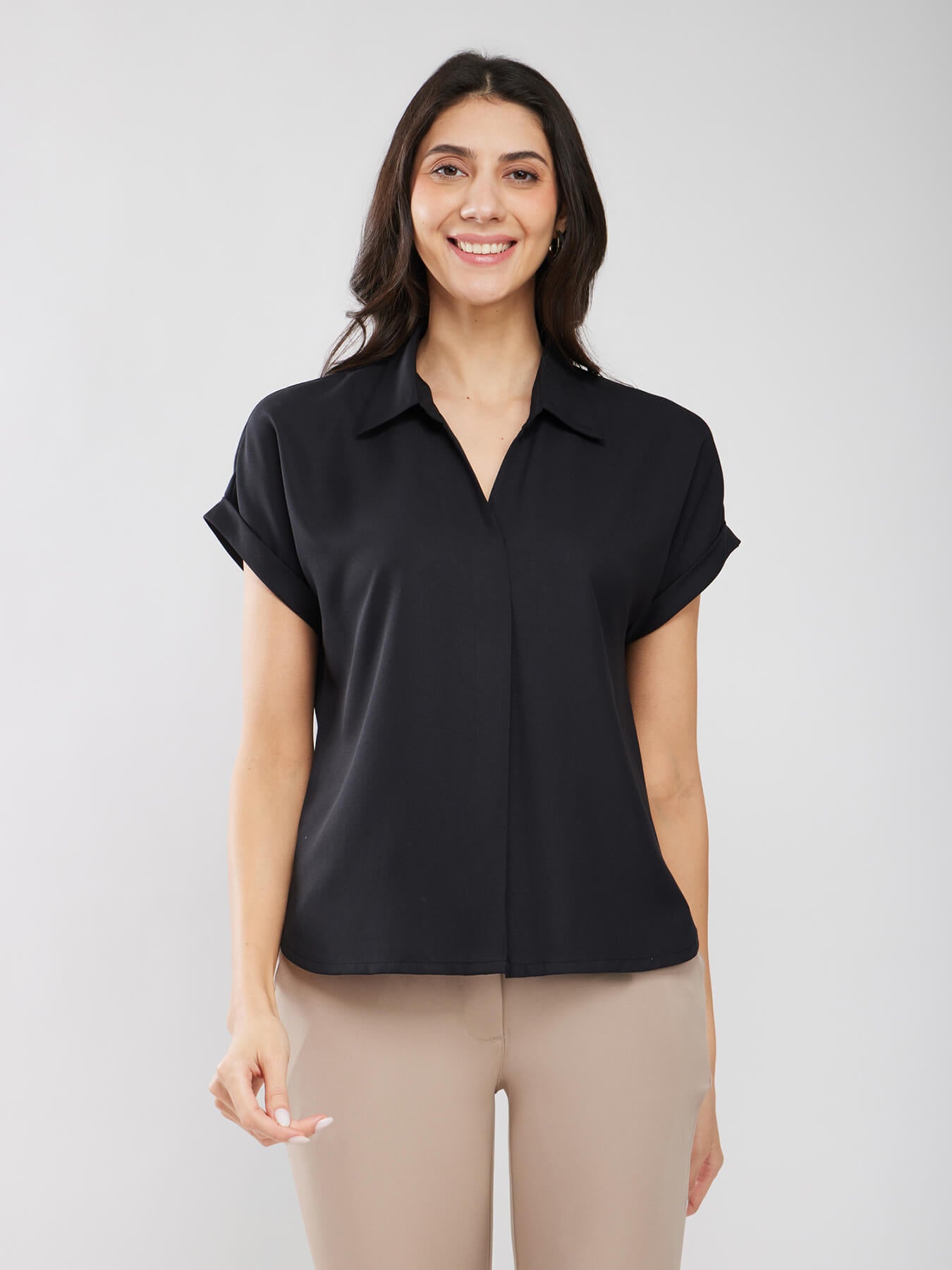 Collared Drop Shoulder Top - Black