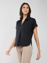 Collared Drop Shoulder Top - Black