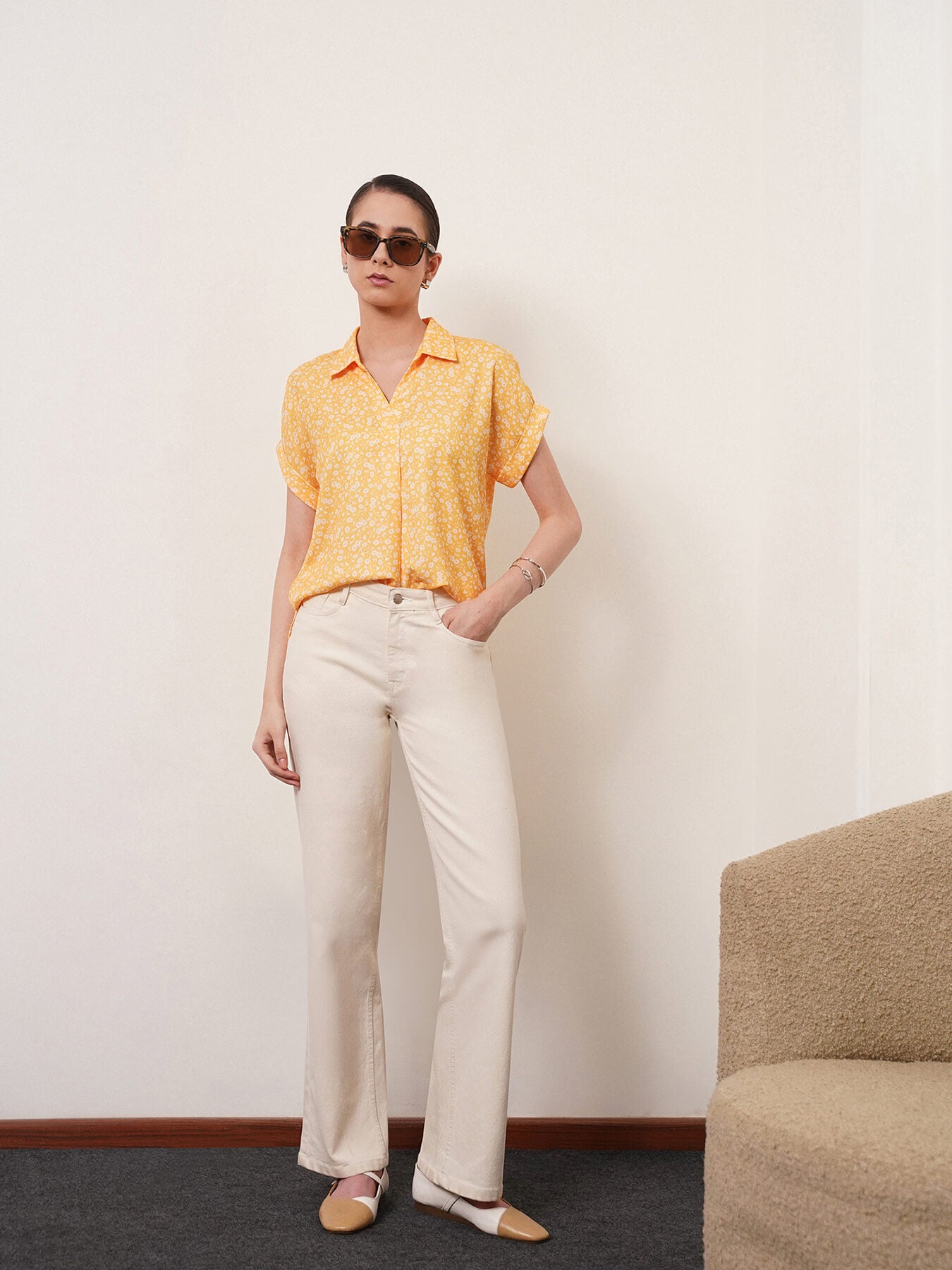 Floral Drop Shoulder Top - Yellow