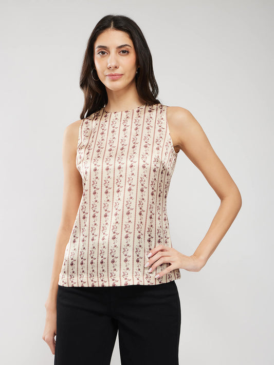 Satin Floral Print Top - Beige