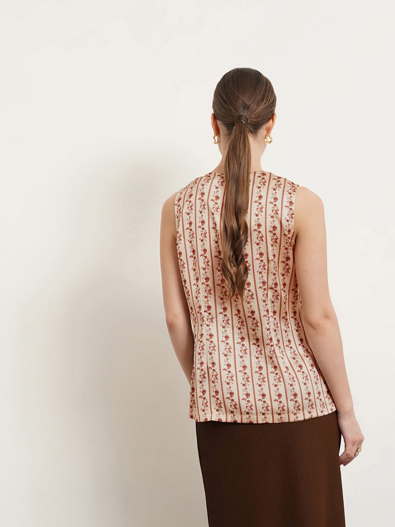 Satin Floral Print Top - Beige