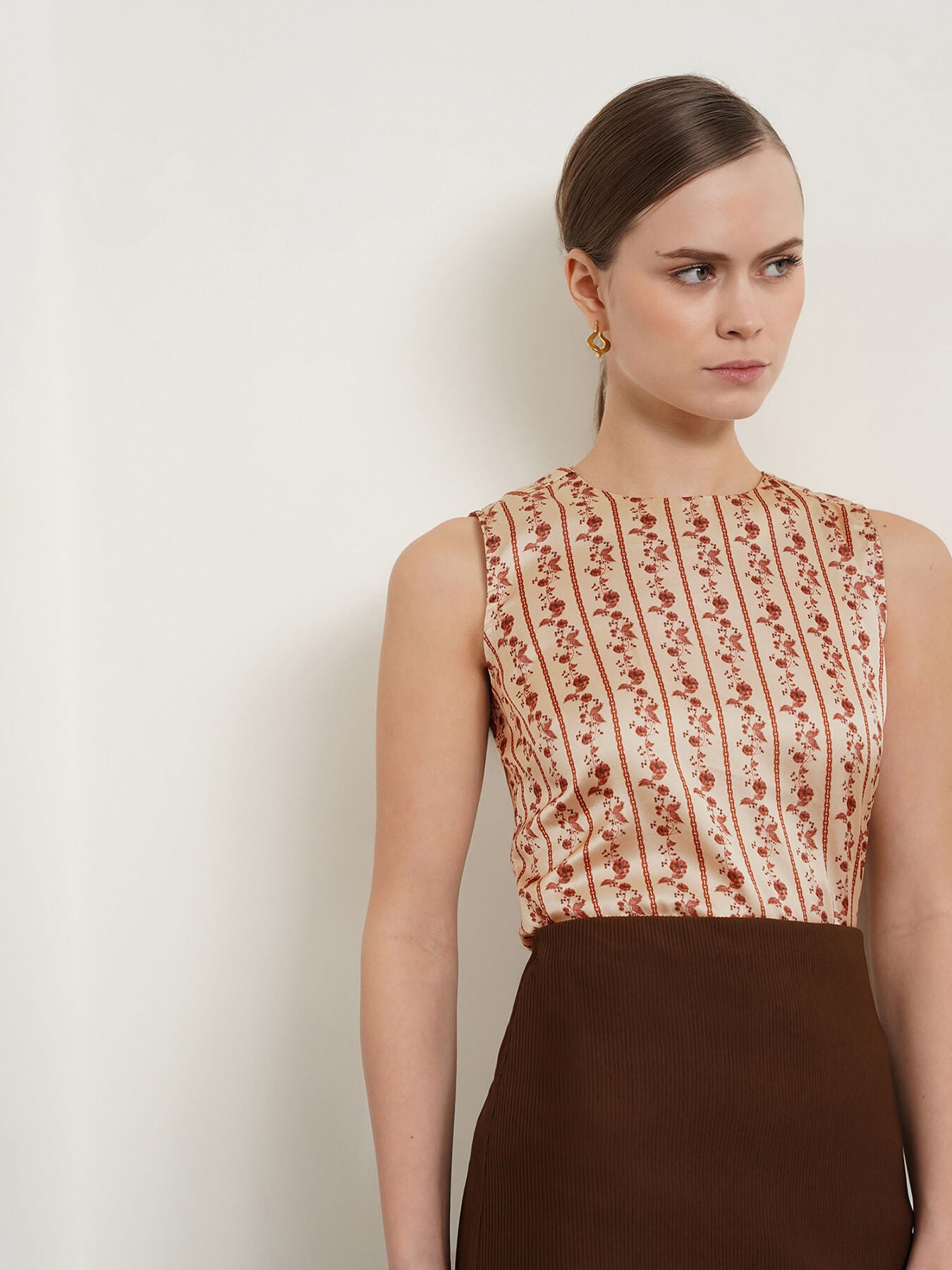 Satin Floral Print Top - Beige