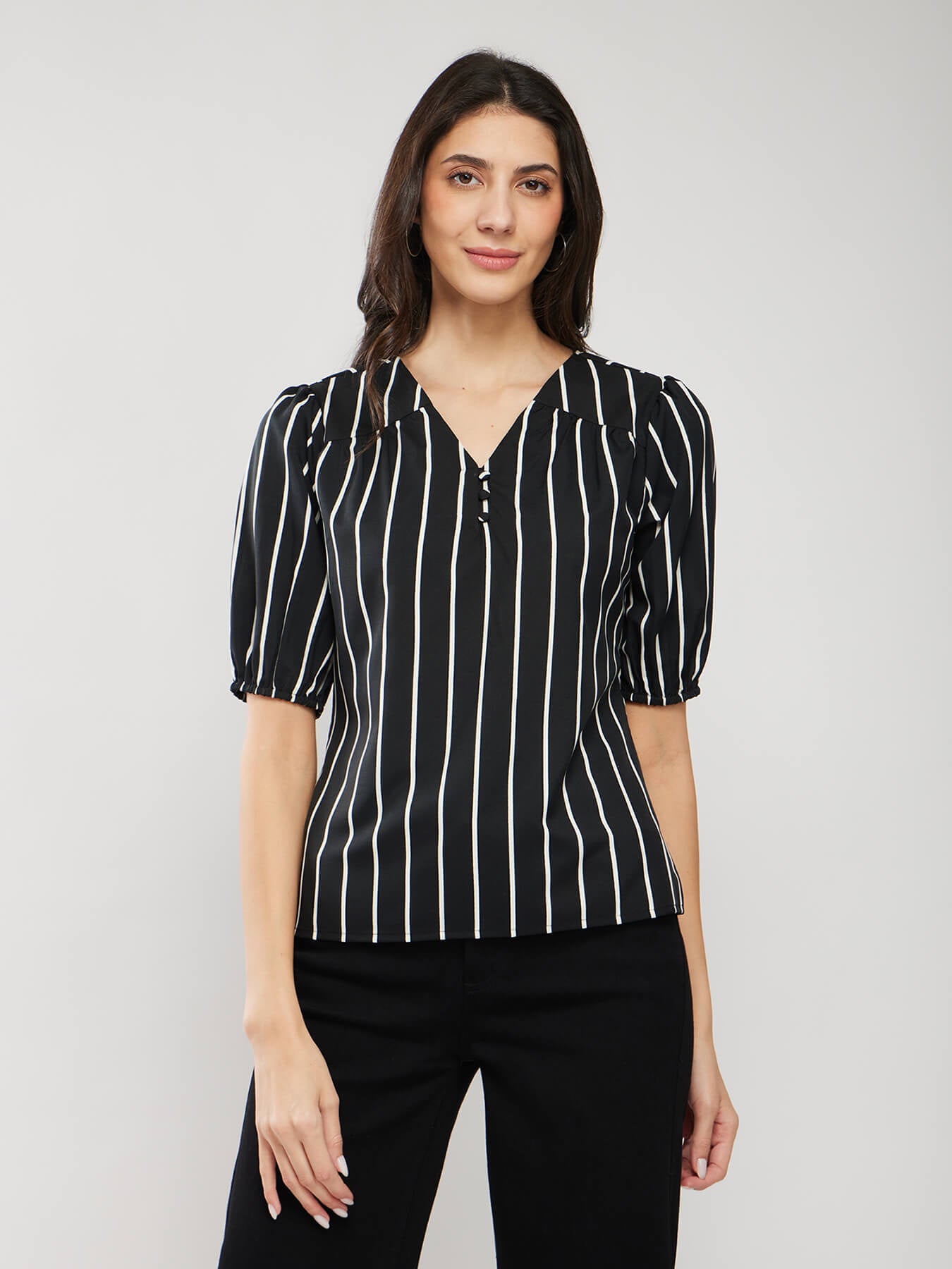 Puff Sleeves Striped Top - Black