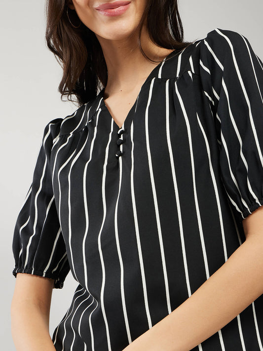 Puff Sleeves Striped Top - Black