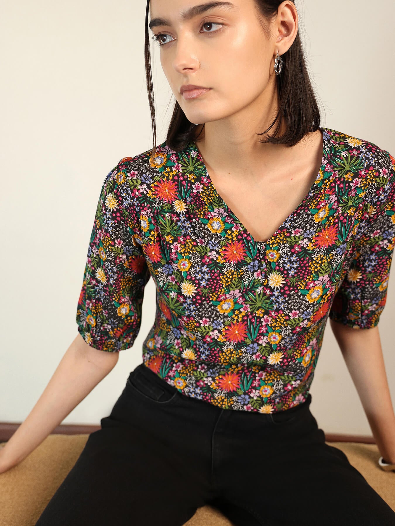 Viscose Floral Top - Black