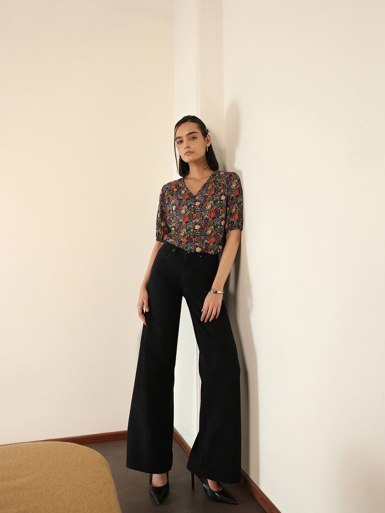 Viscose Floral Top - Black