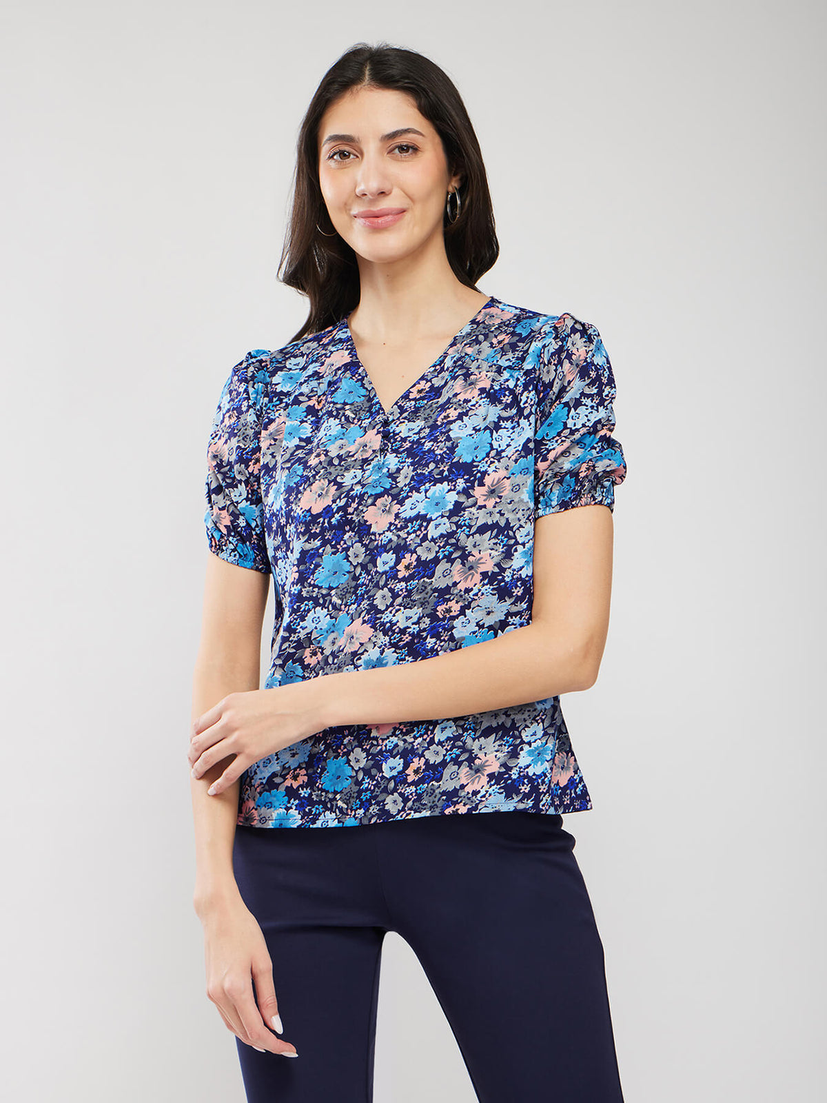 Puff Sleeves Floral Print Top - Navy Blue