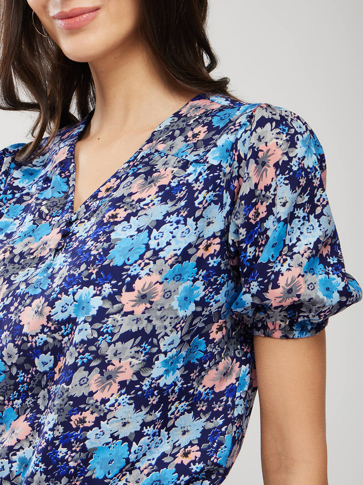 Puff Sleeves Floral Print Top - Navy Blue