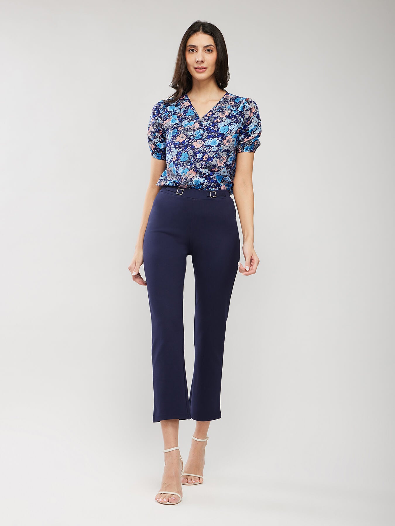 Puff Sleeves Floral Print Top - Navy Blue