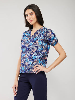 Puff Sleeves Floral Print Top - Navy Blue